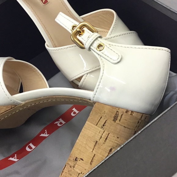 PRADA White Patent Block Heel Sandal Gold Hardware - Picture 13 of 13